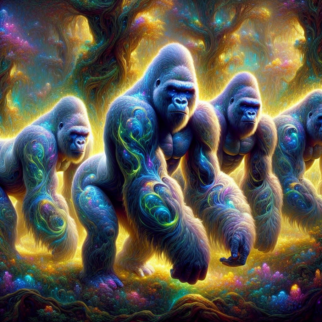 Luminous Gorillas in Magical Forest, Hyperrealistic