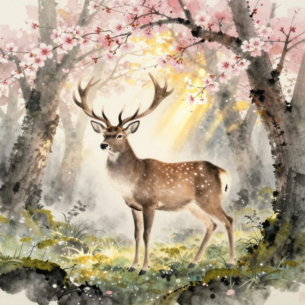 Majestic Stag with Cherry Blossoms in Misty Forest