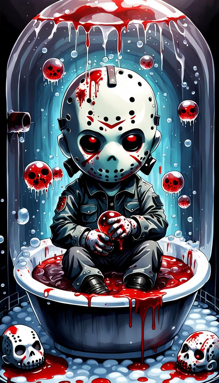 Jason Voorhees sitting in a bloody bubble bath