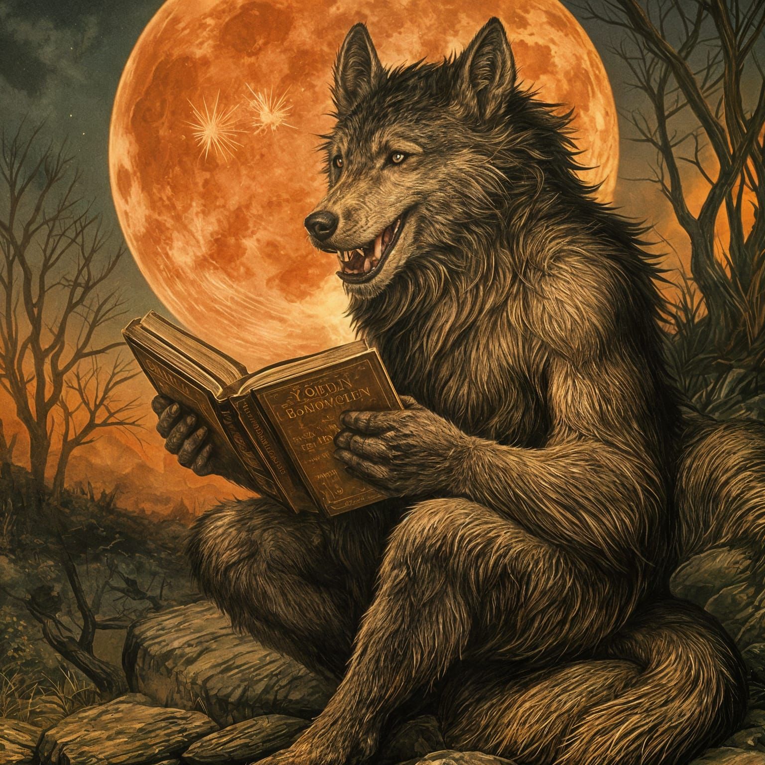 Werewolf Reading by Blood Moon: Golden Age Illustration