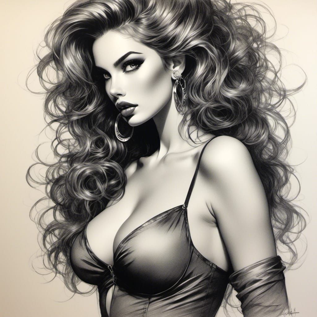 Voluptuous Woman in 80s Style Charcoal Drawing