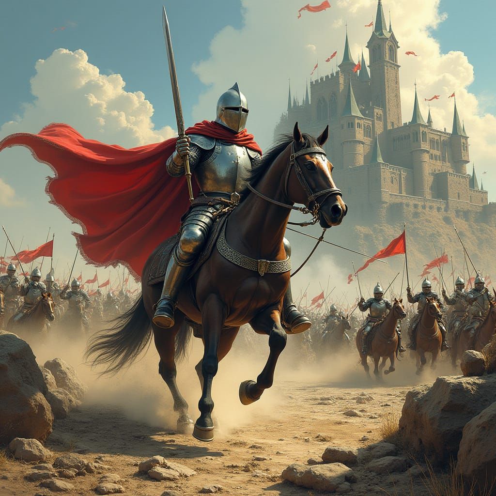 Knight Rides into Medieval Battle with Castle in Background