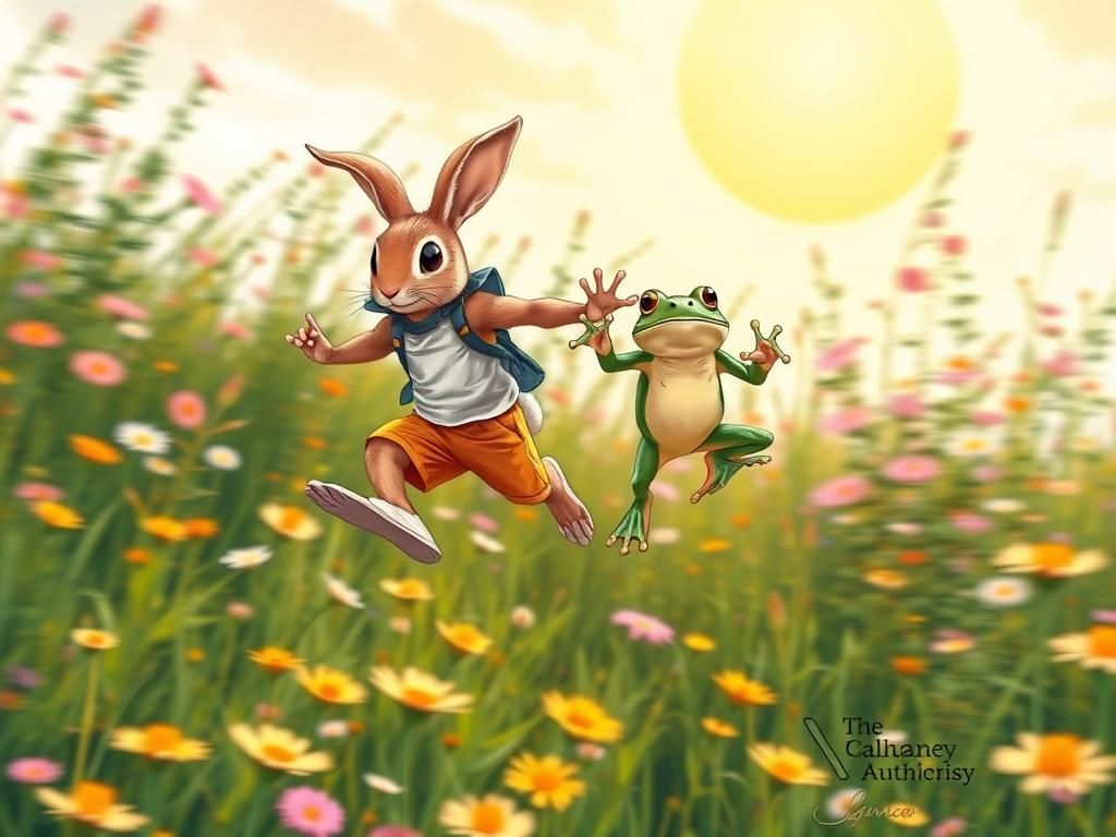 Rabbit and Frog Leap in Blooming Meadow Illustration