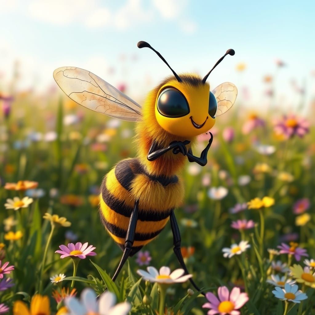 Cartoon Hornet in Floral Meadow: 3D Animation