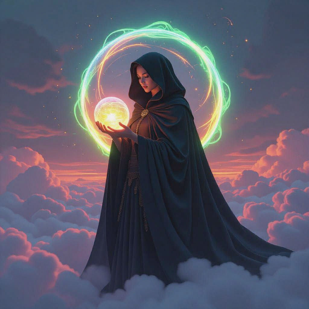 Woman with Neon Orb in Dark Fantasy Style
