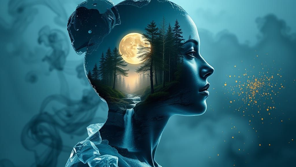 Ice Woman Double Exposure with Forest Waterfall