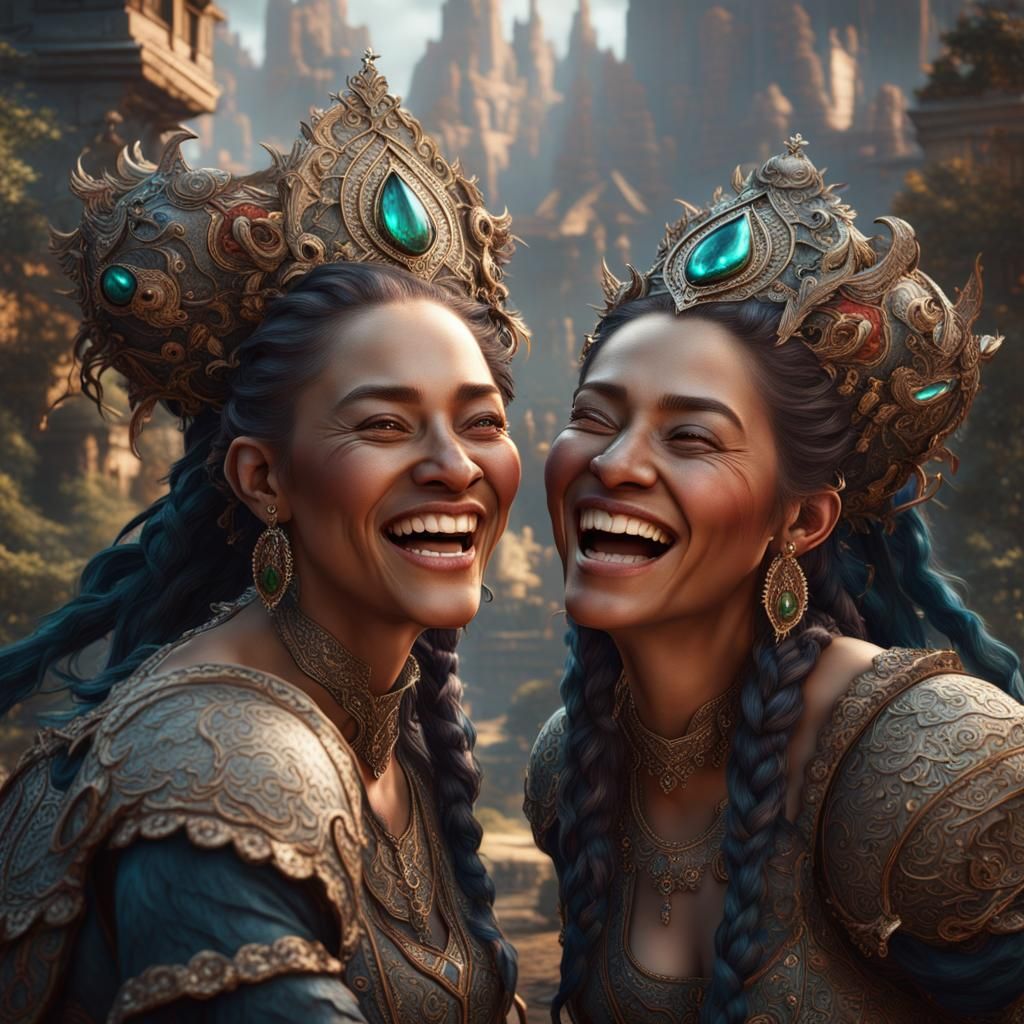 Sisters Laughing: Realistic Detailed Fantasy Art