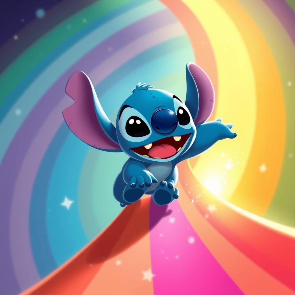 Stitch Joyfully Slides Down a Rainbow in Cartoon Style