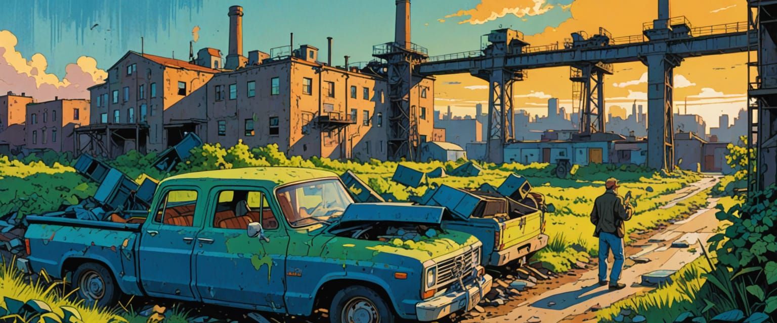 Old Truck in Industrial Wasteland, Comic Book Style