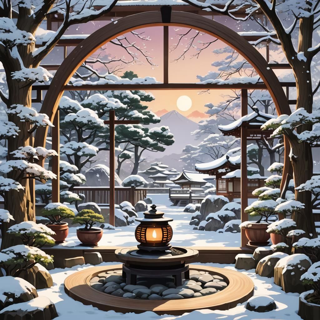 Winter Teahouse: Anime-Style Zen Garden Scene