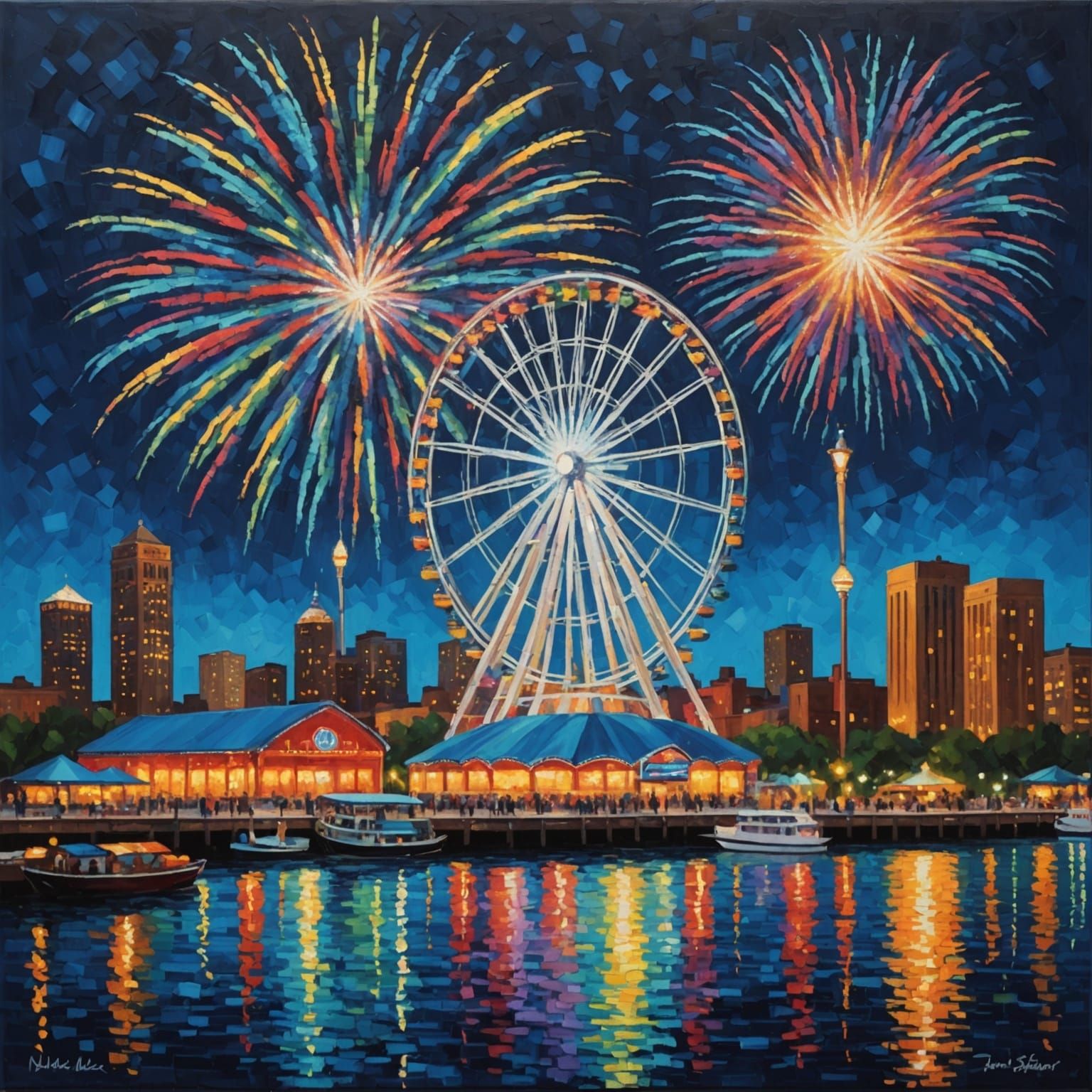 Chicago Fireworks over Navy Pier in Pointillist Style