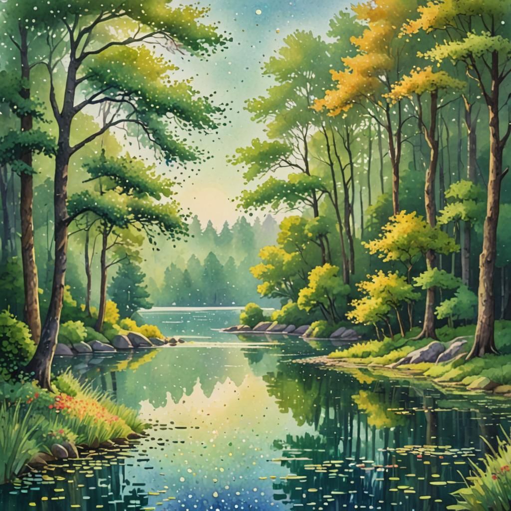 Pointillist Landscape with Serene Lake and Sunlight
