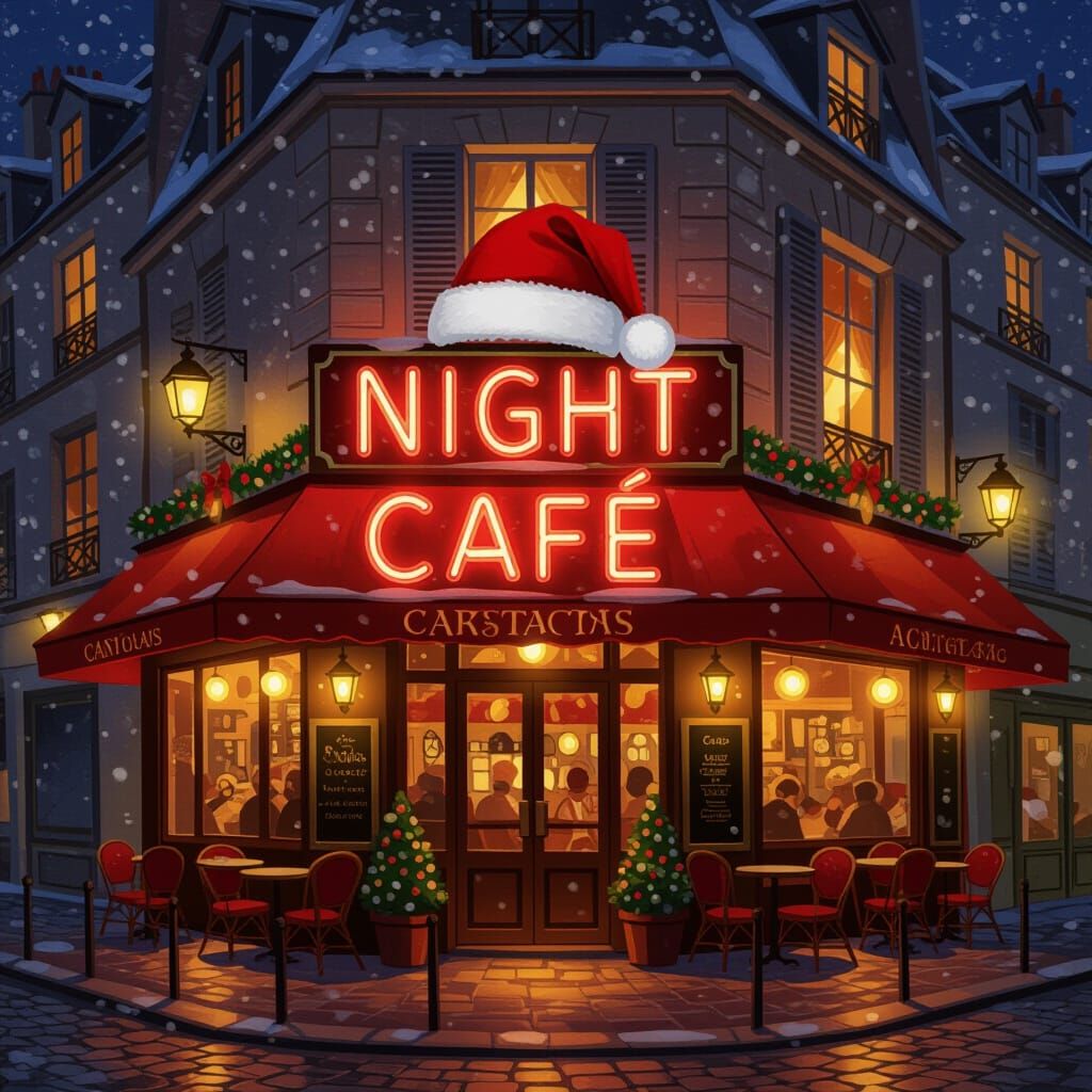 Neon "Night Cafe" Christmas Sign on Snowy Paris Facade