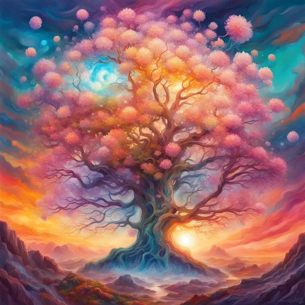 Blossom Double Exposure in Astral Landscape