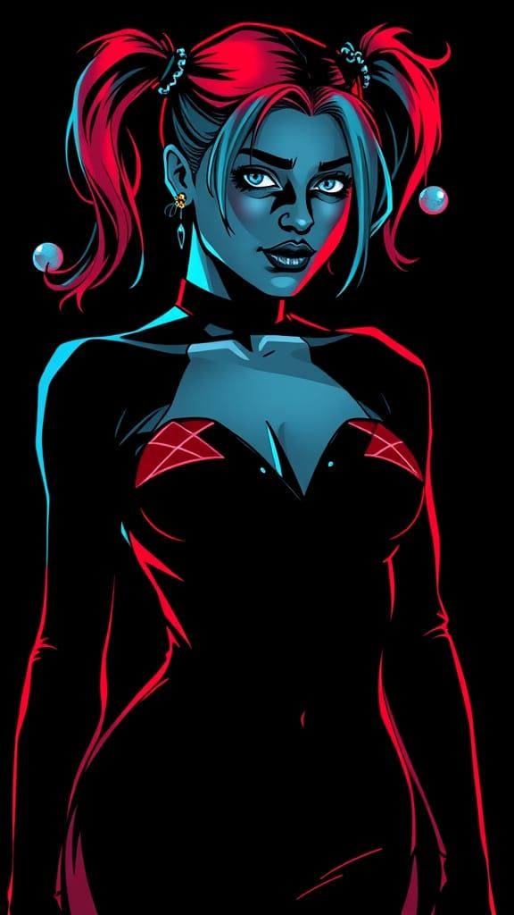 Neon Harley Quinn Silhouette in Graphic Novel Style