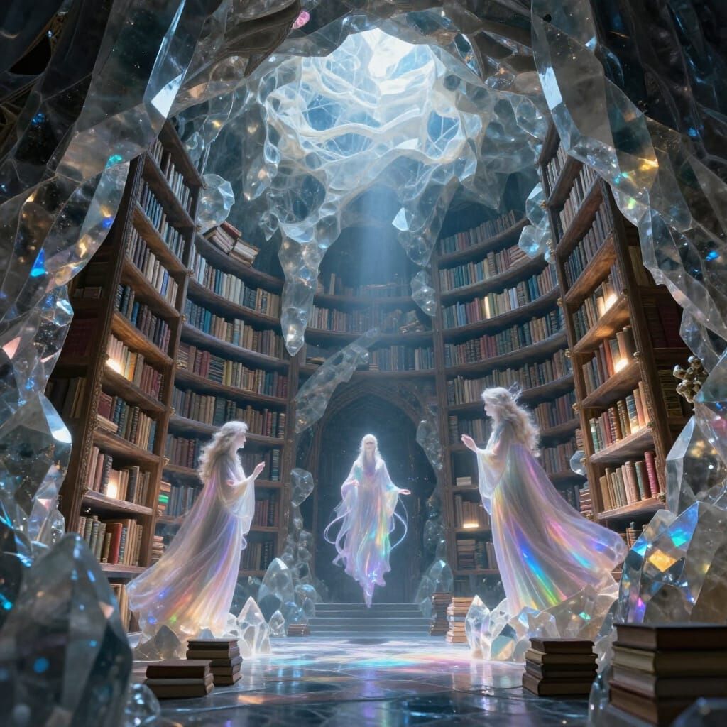 Ancient Crystal Geode Library with Ethereal Scholars