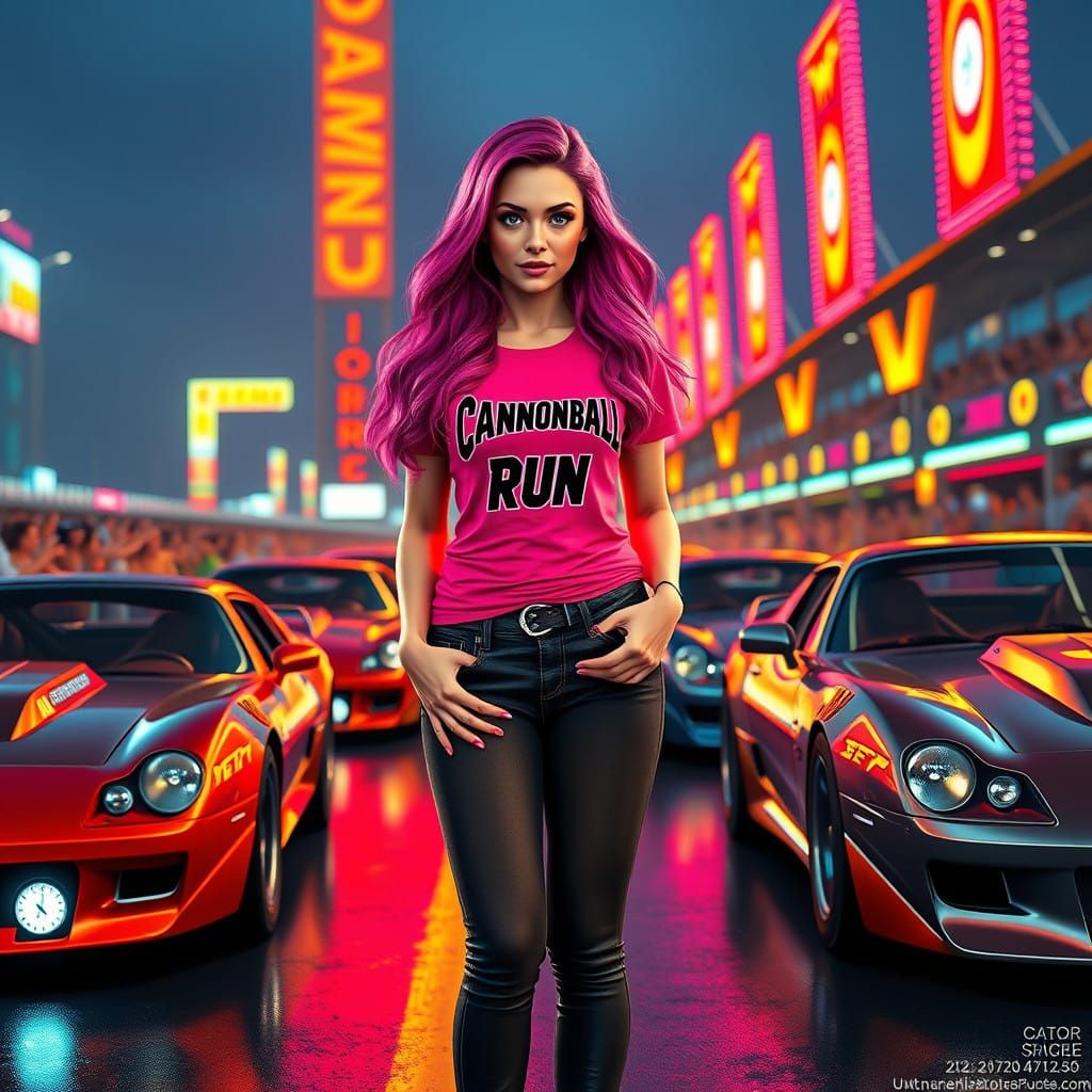 Confident Pit Girl at High-Octane Racing Event in Neon-Lit M...