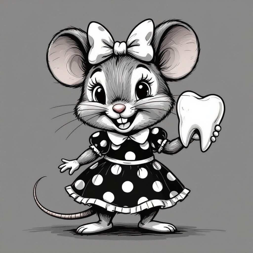 Monochrome Mouse with Tooth Bow in Polka Dot Dress