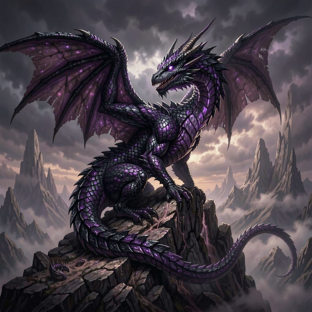Ancient Obsidian Dragon on Stormy Mountain Peak