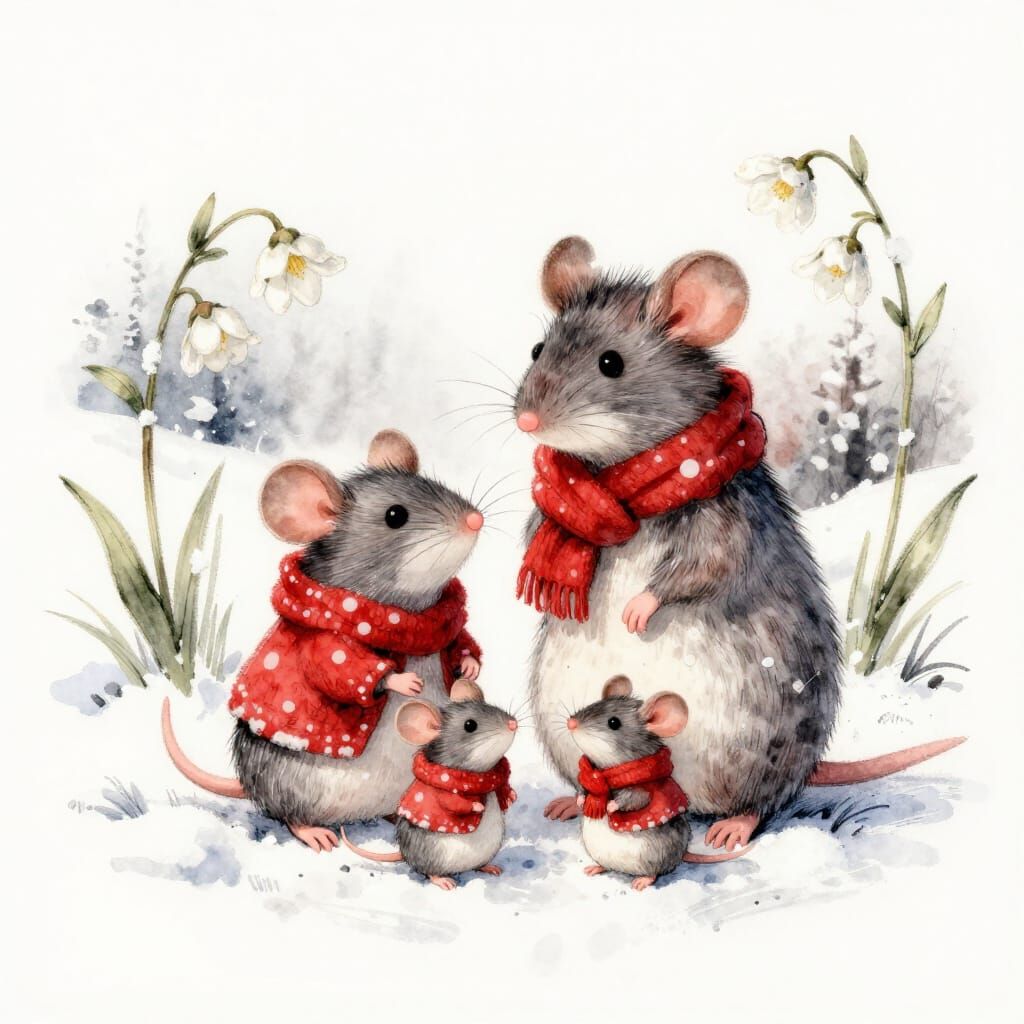 Mouse Family Celebrates Snow Figures in Watercolour Style