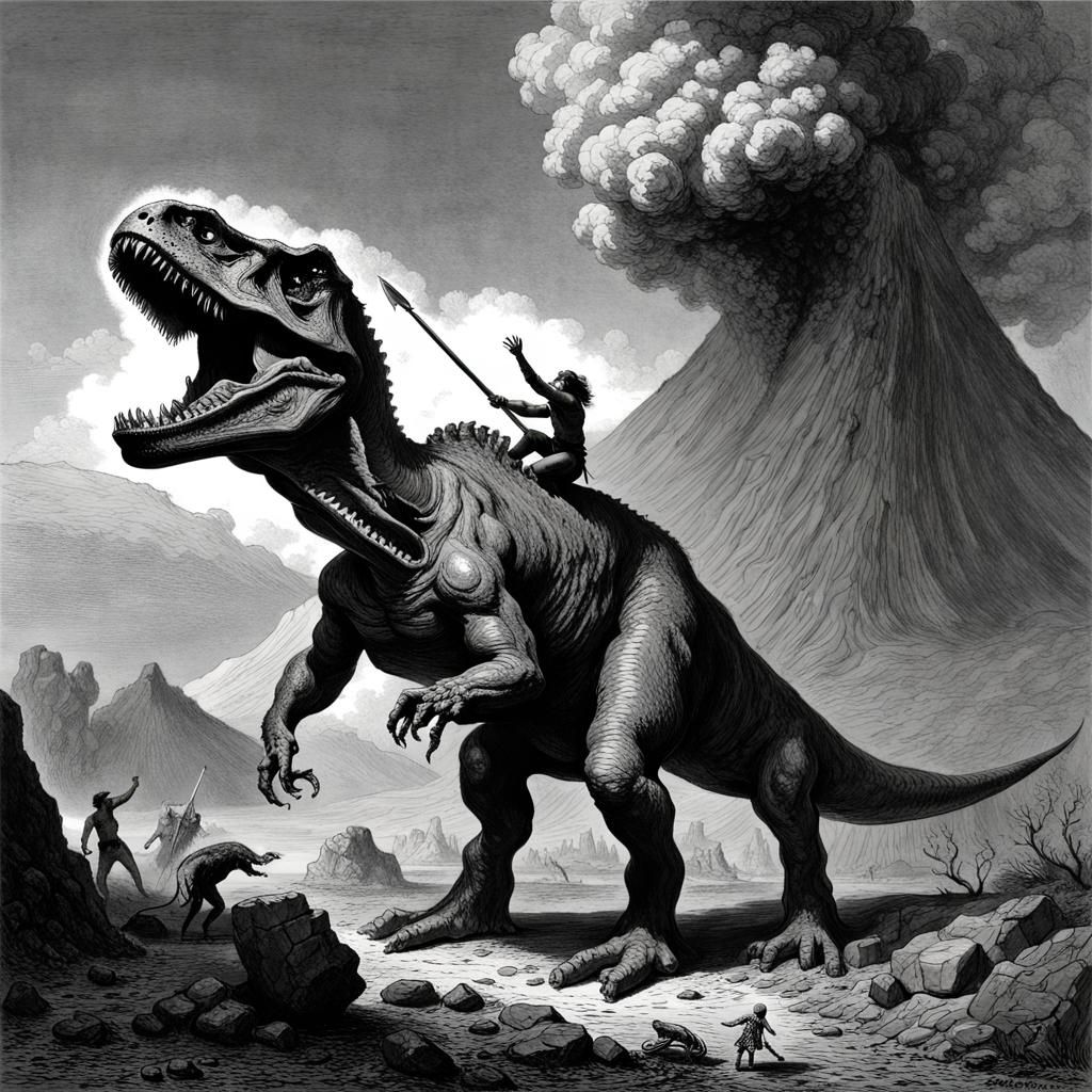 Caveman Rides T-Rex Near Erupting Volcano