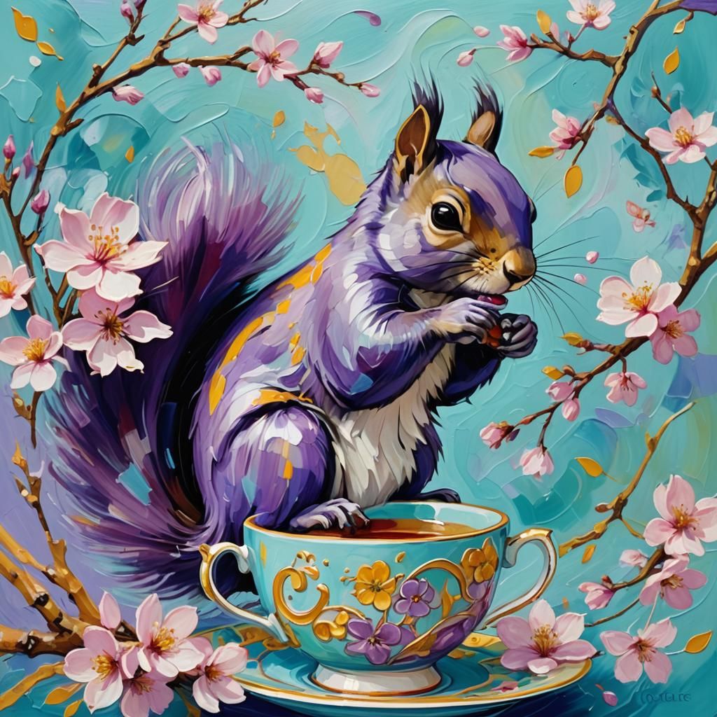 Abstract Expressionism: Purple Squirrel and Cherry Blossoms