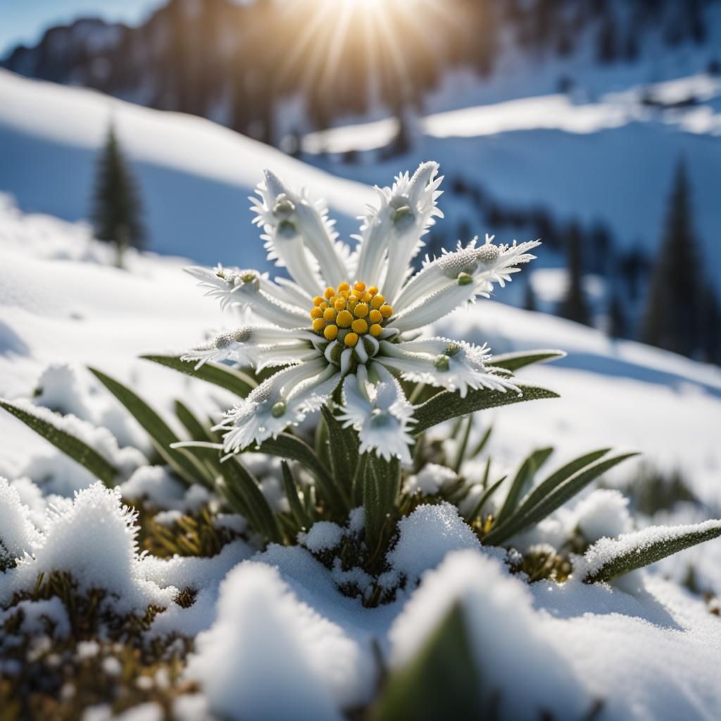Edelweiss in Snowy Alps: Detailed Matte Painting