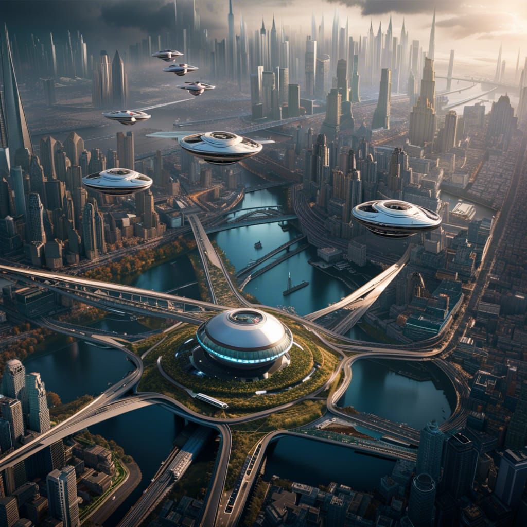 Futuristic Cityscape with Flying Drones in 8K