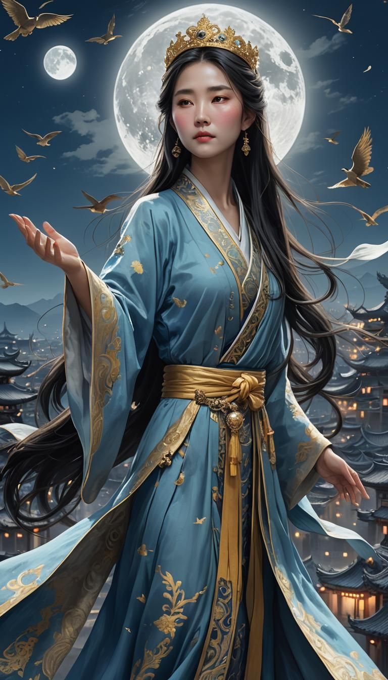 Zhao Lusi Crowned and Holding Moon in Digital Art