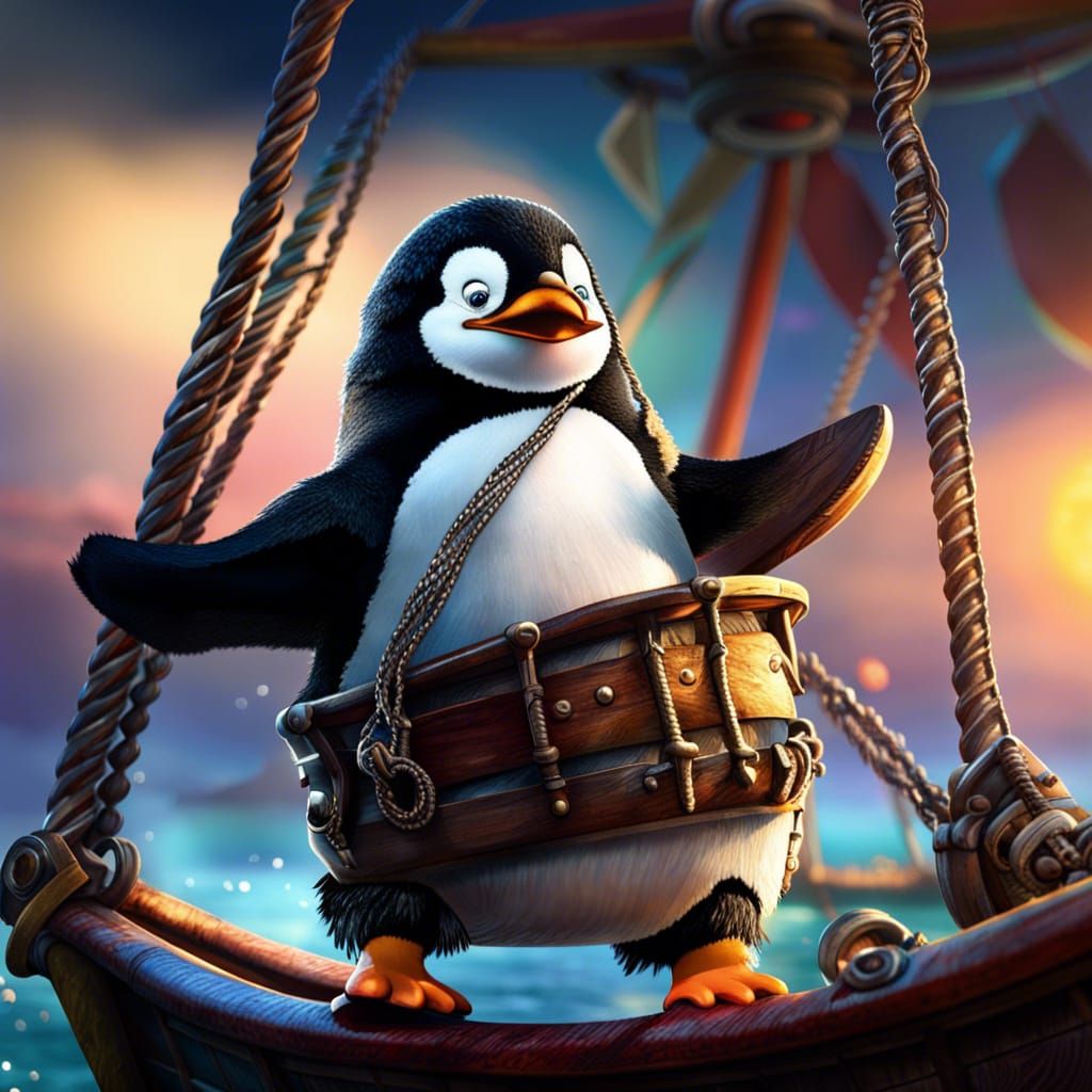 Joyful Pirate Penguin on Ship at Sunrise