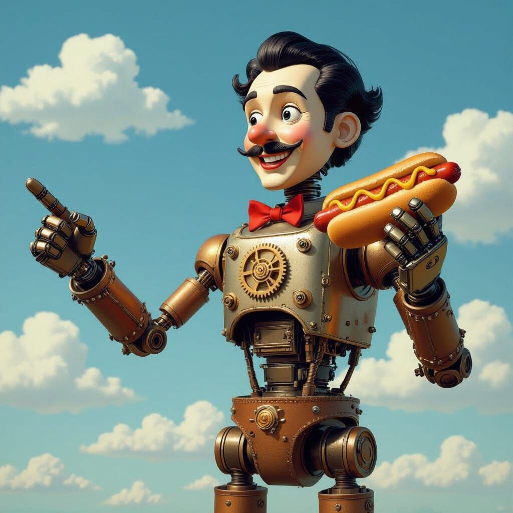 Steampunk Chaplin Robot Puppet Pointing to Clouds