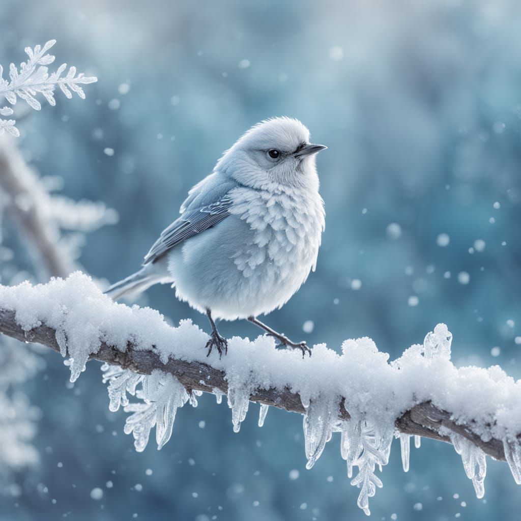 Icy Bird on Snowy Branch in Frozen Fantasy Art