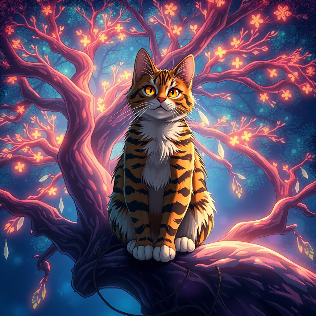 Tabby Cat on Luminescent Tree, Anime Style