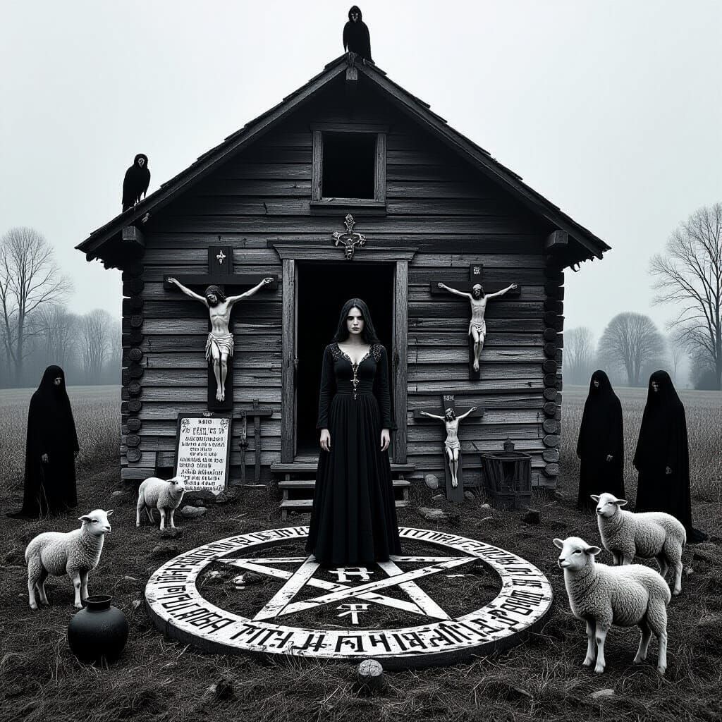 Monochrome Cabin Ritual with Sumerian Script