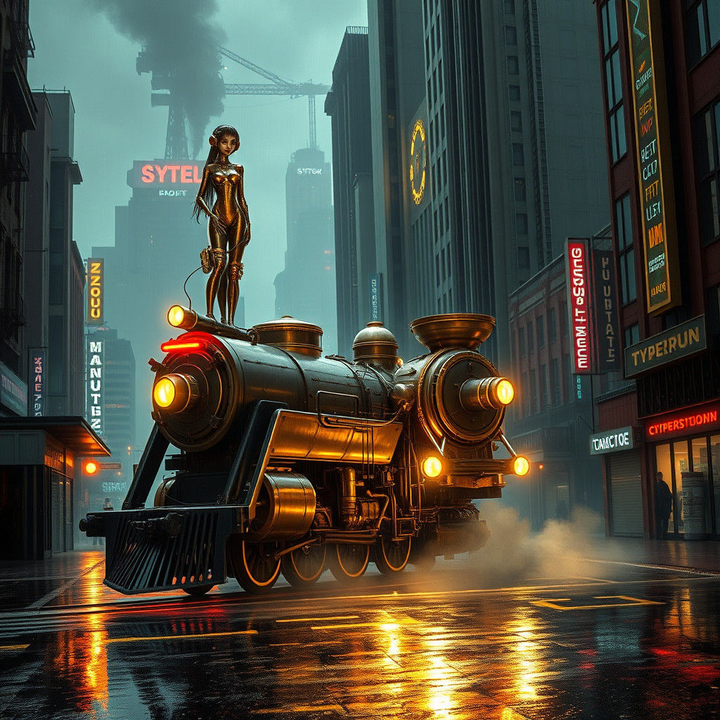 Alien Woman in Cyberpunk Cityscape