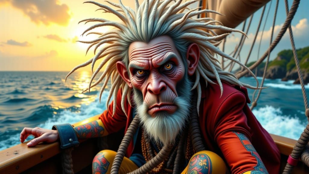 Cute Albino Pirate Monkey with Tattoos on Ship