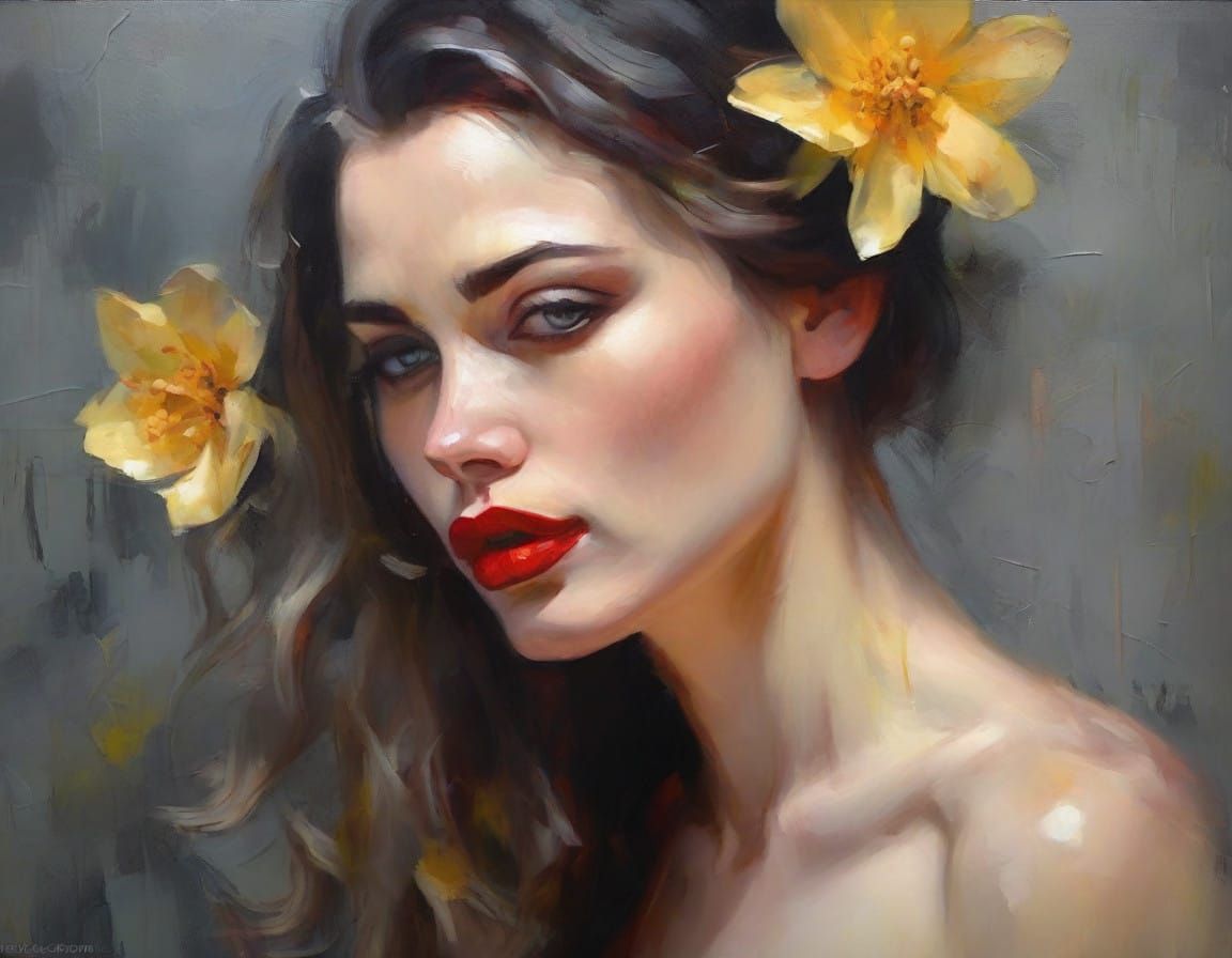 Elegant Woman with a Secretive Gaze in a Moody, Textured Sce...