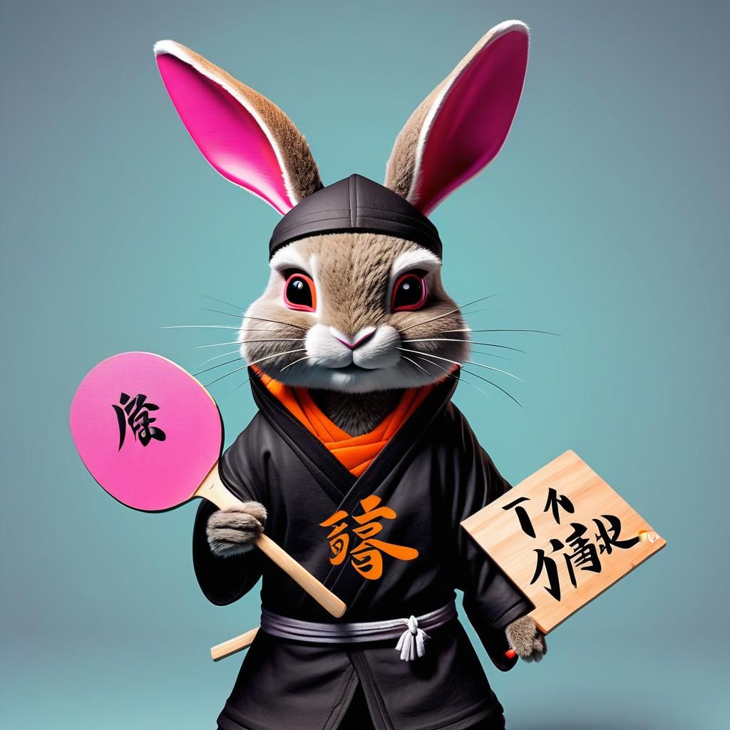 Ninja Rabbit with Sign in Chaotic Scene