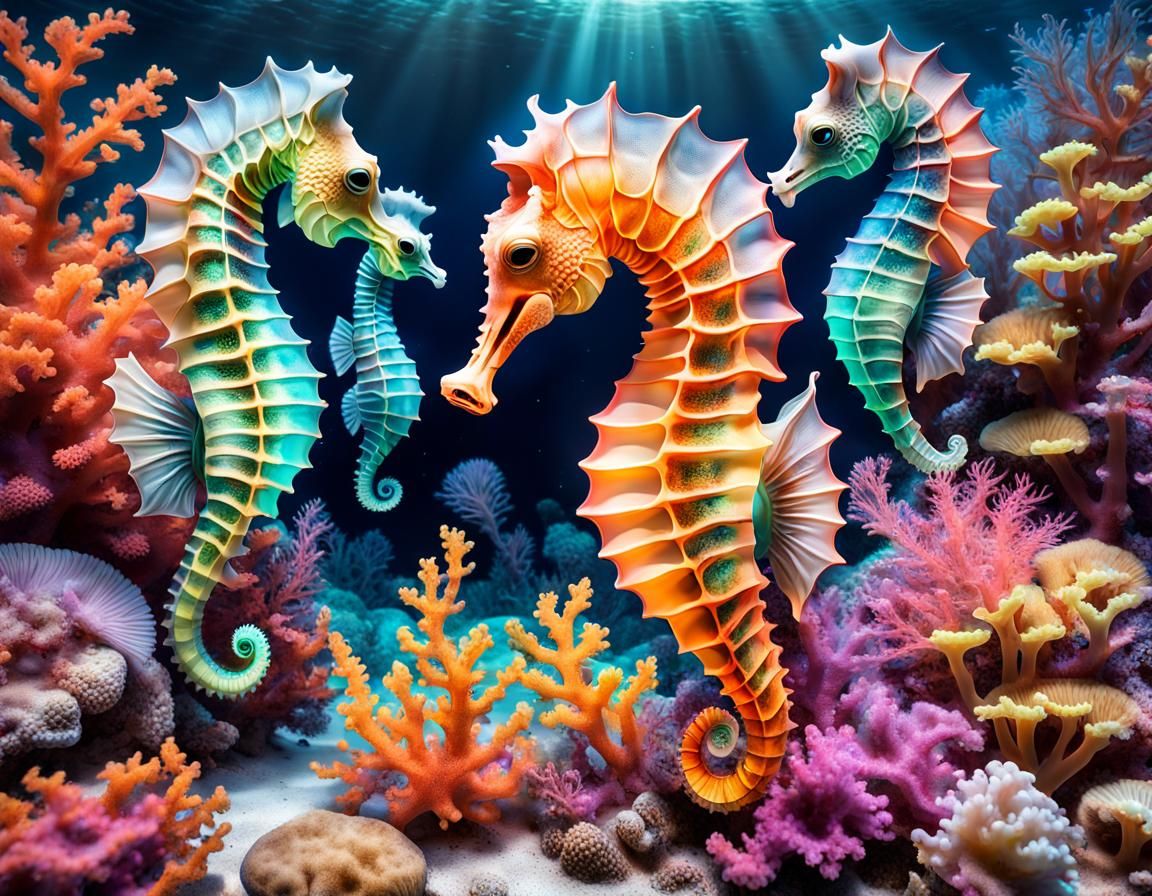 Bioluminescent Seahorse Family in Deep Ocean Coral