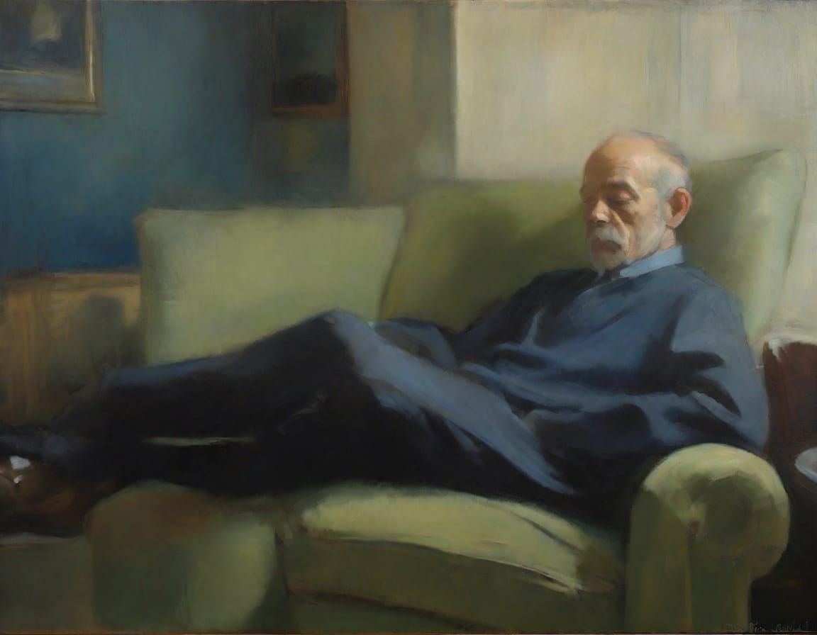 Grandfather Cat in Recliner: Tonalist Oil Painting