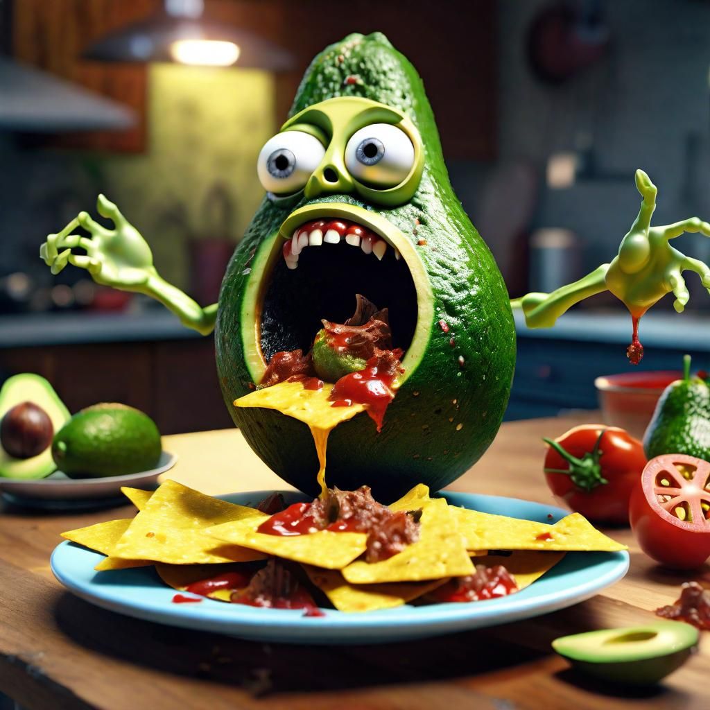 Zombie Avocado Stomps Nachos: A Humorous Surreal Scene