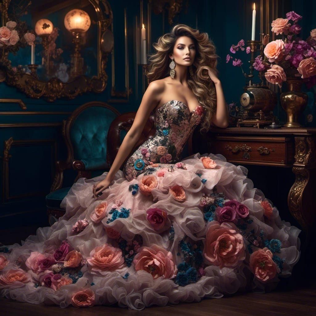 Elegant Woman in Floral Couture Gown
