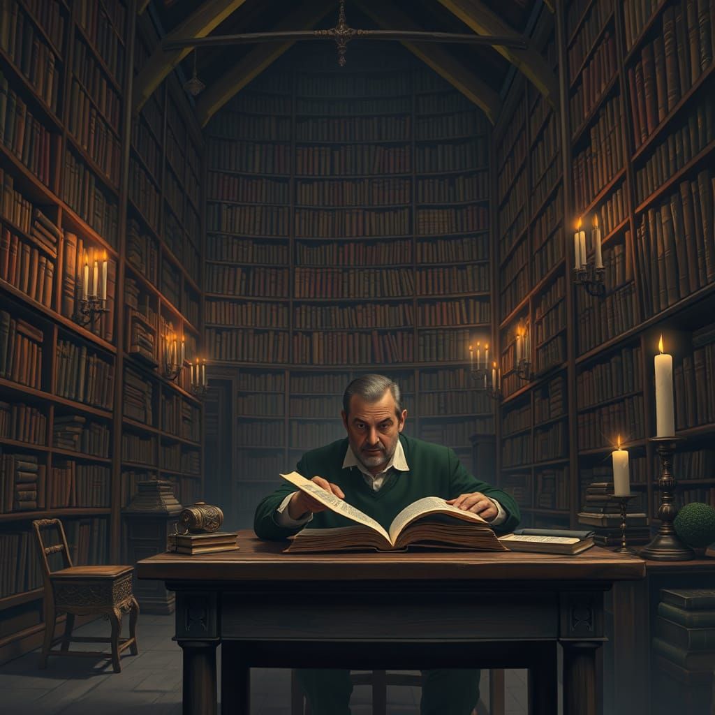 Grand Library Scene Inspired by Old Masters