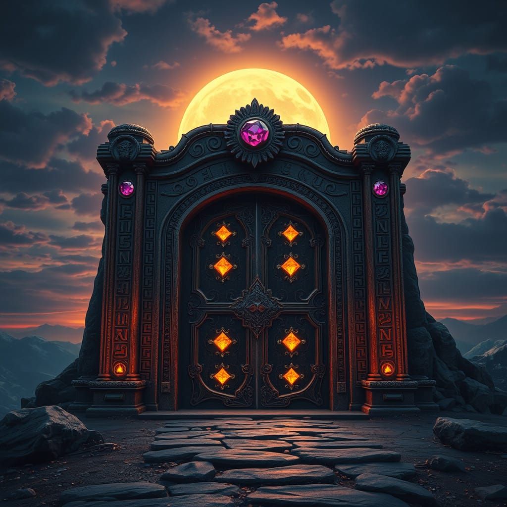 Ancient, Mystical Door in Sunset Sky with Glowing Gemstones