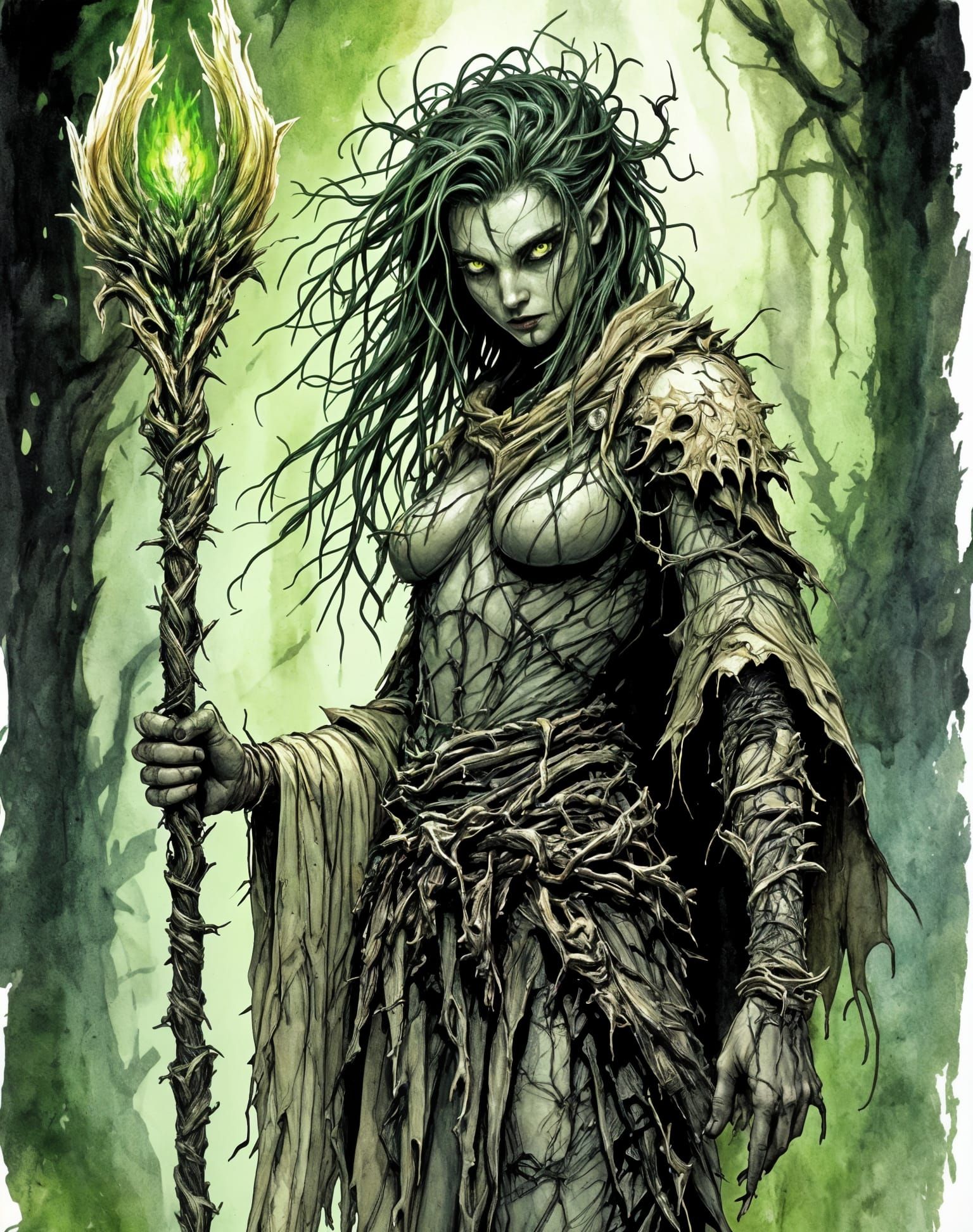 D&D Druid-Necromancer with Dragon Jaw Staff as Ink Drawing