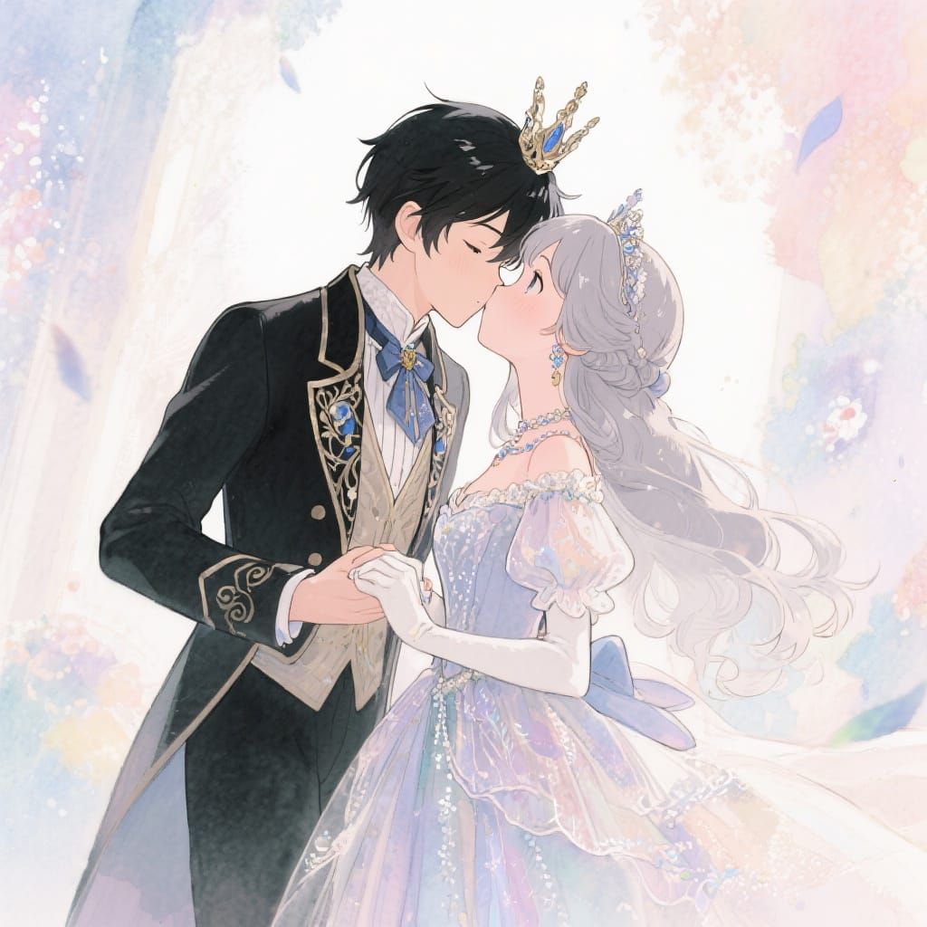 Anime Prince and Princess's Watercolor Kiss