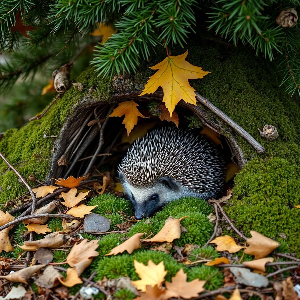 Hedgehog Building Autumn Den Under Spruce