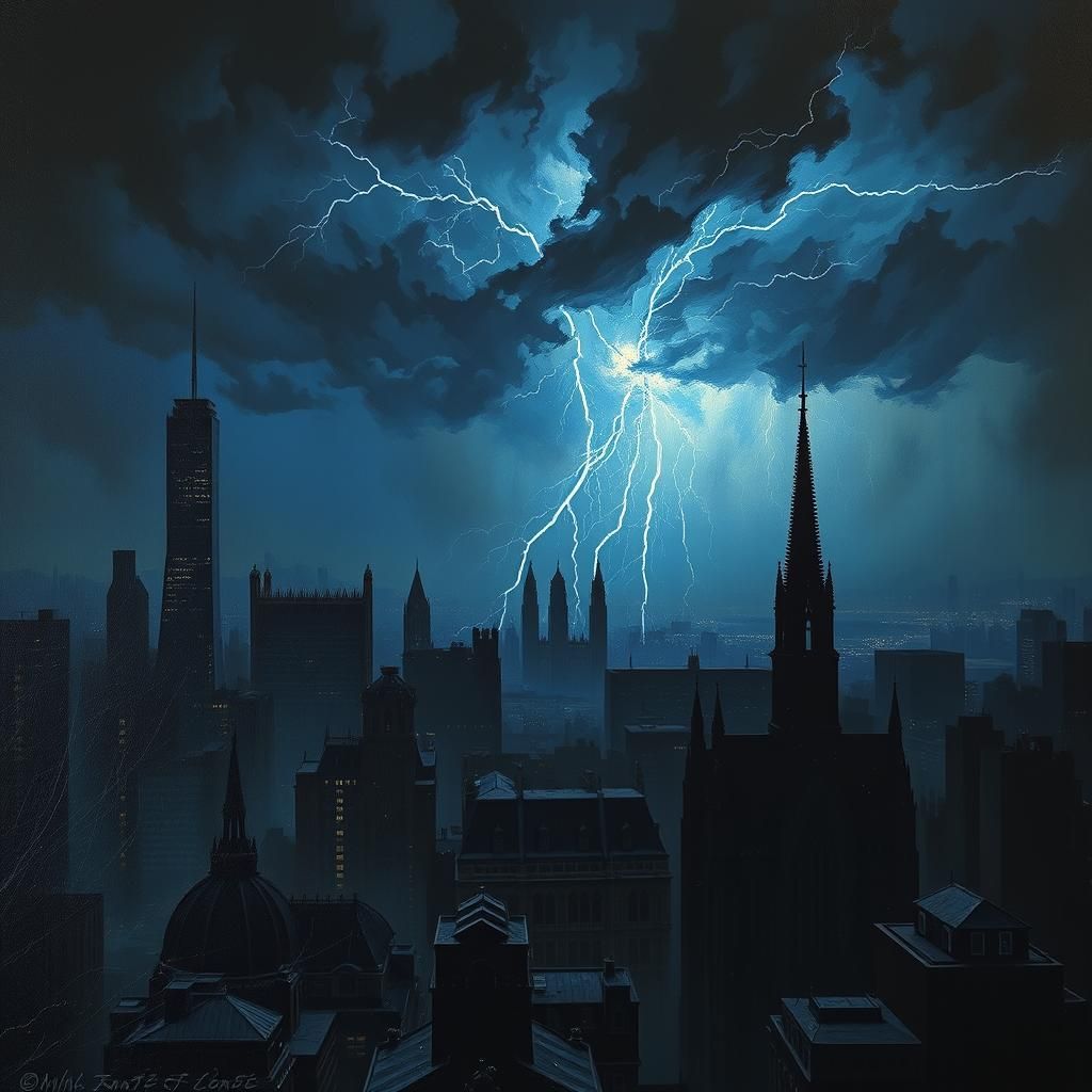 Gloomy Cityscape at Dusk in Surreal Style