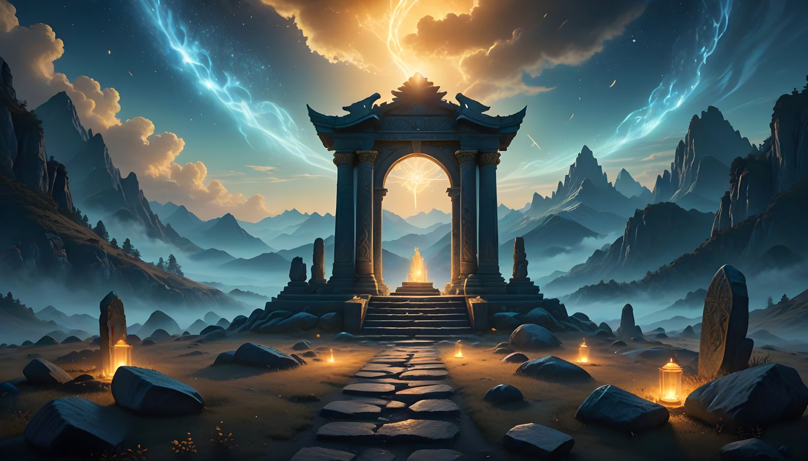 Ancient Twilight Realm with Glowing Runes and Enchanted Fore...