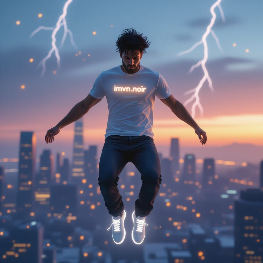 Man Floating in Futuristic City at Twilight